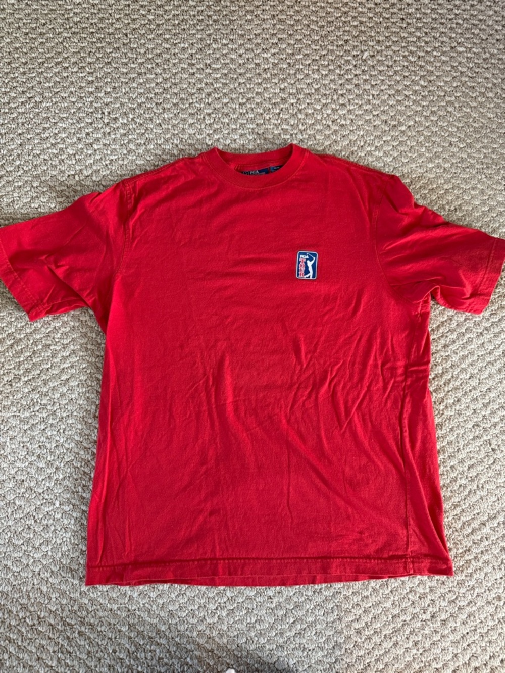 PGATour Red Crewneck Tee with Small Chest Patch. On back “These Guys are Good”